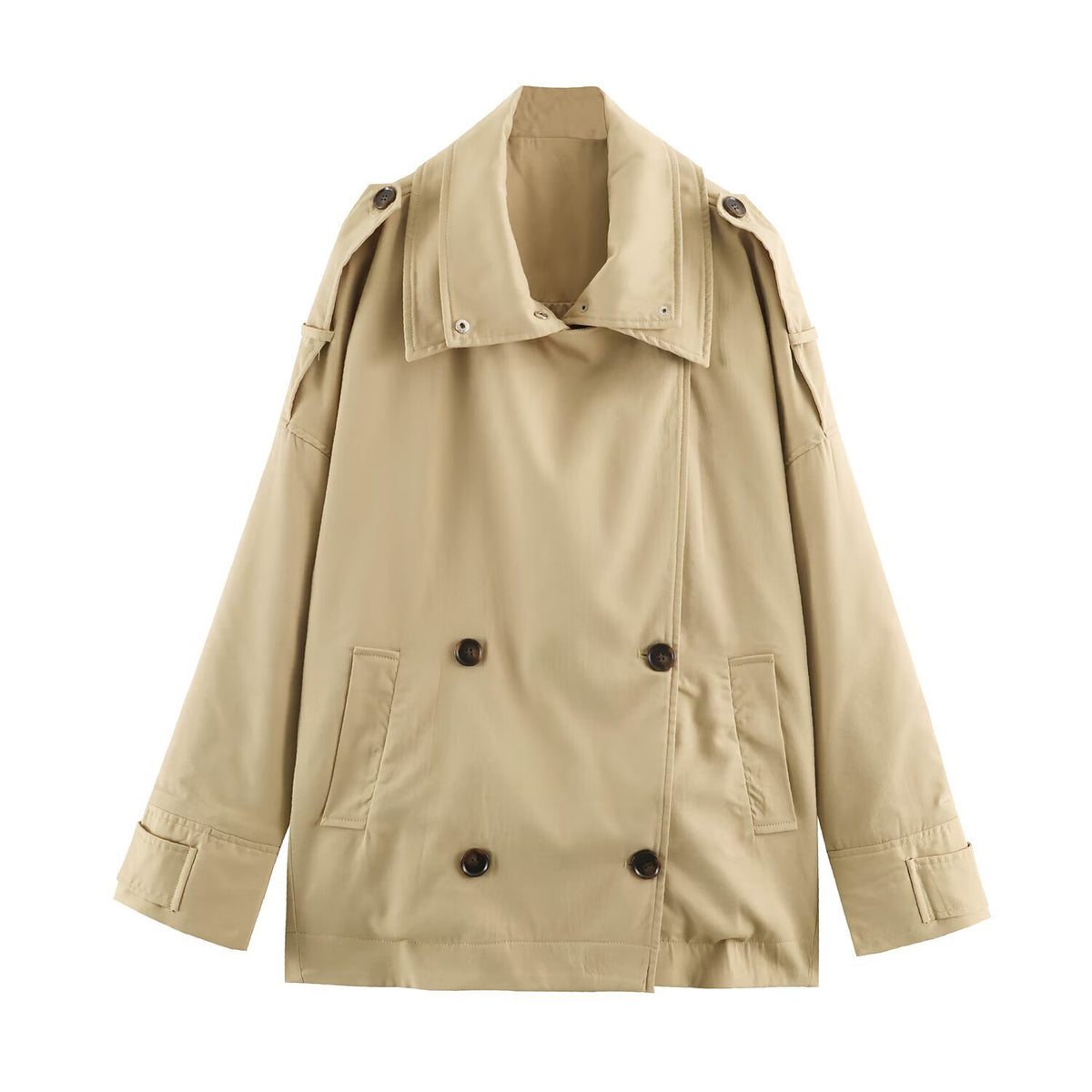 Women's short trench coat in oversized cut with double button placket and shoulder straps EVA-US