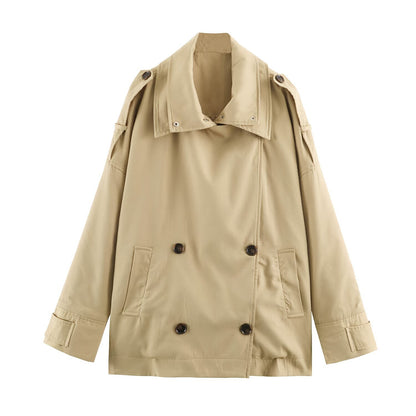 Women's short trench coat in oversized cut with double button placket and shoulder straps EVA-US