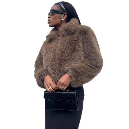 Women Short Boxy Faux Fur Blouson with Voluminous Shawl Collar and Lined Interior EVA-US