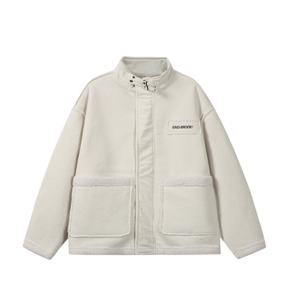 Unisex Short-cut Cord Jacket with Teddy Trim and Funnel Neck EVA-US