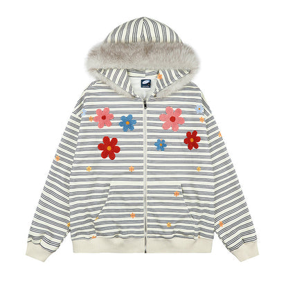 Women's hooded zip jacket in striped French terry with faux fur hood and floral embroidery EVA-US