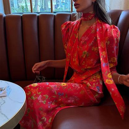 Women's wrap maxi dress with floral print, puff sleeves and shawl collar EVA-US