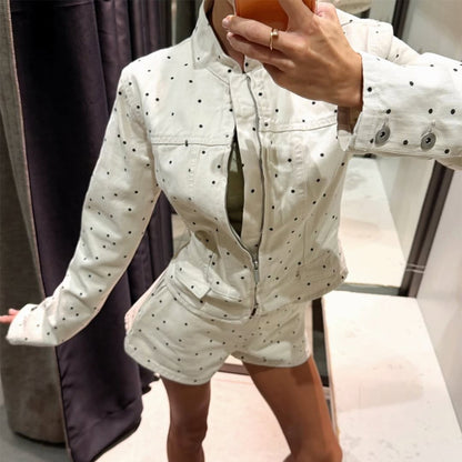 Women's Two-Piece Set with Tailored Jacket and High-Waist Shorts in Polka Dot Print EVA-US