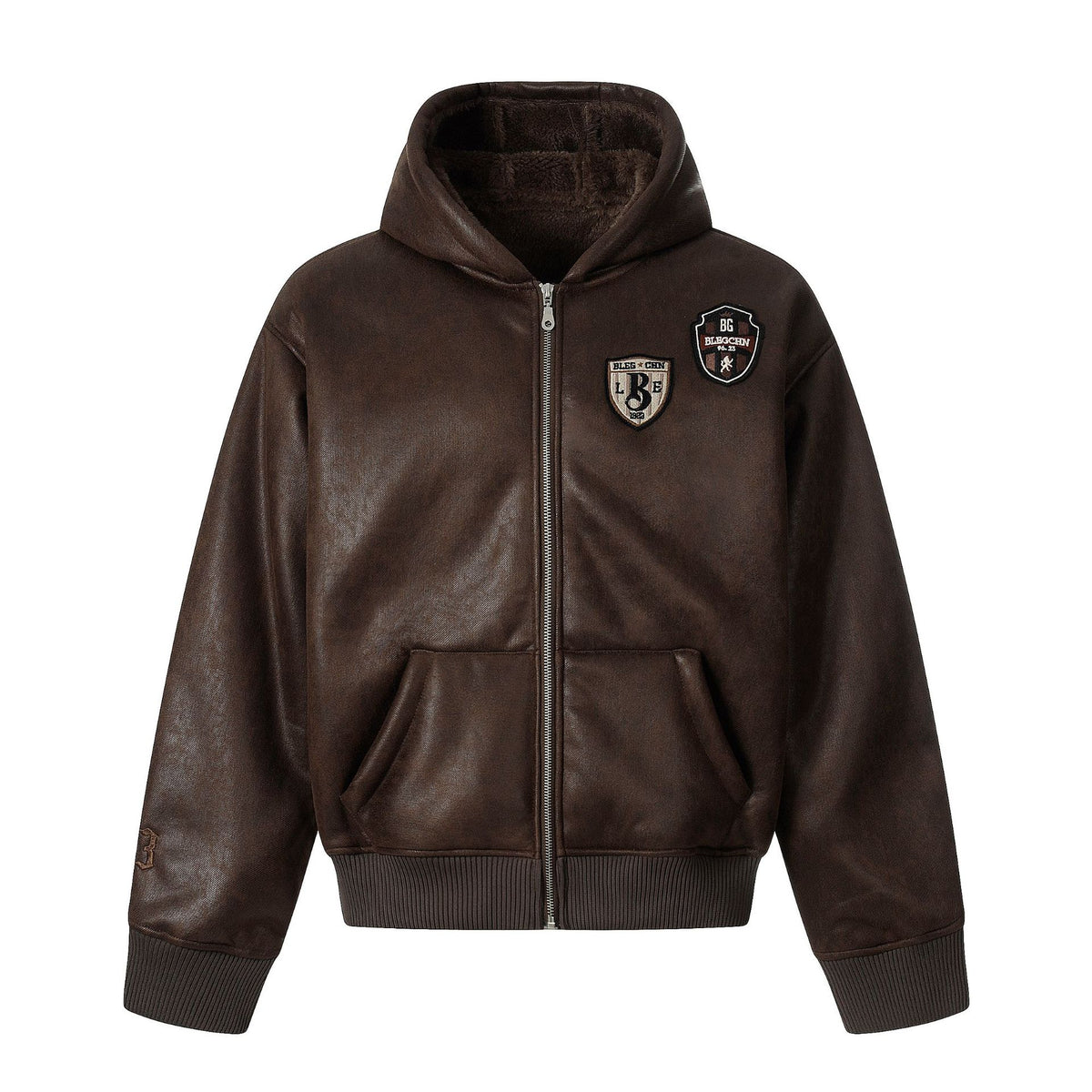 Men's hooded leather jacket with teddy lining and ribbed cuffs EVA-US