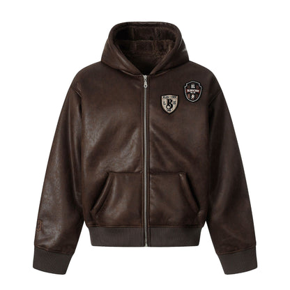Men's hooded leather jacket with teddy lining and ribbed cuffs EVA-US