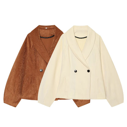 Women’s Short Blazer with Shawl Collar and Double-Breasted Button Placket EVA-US