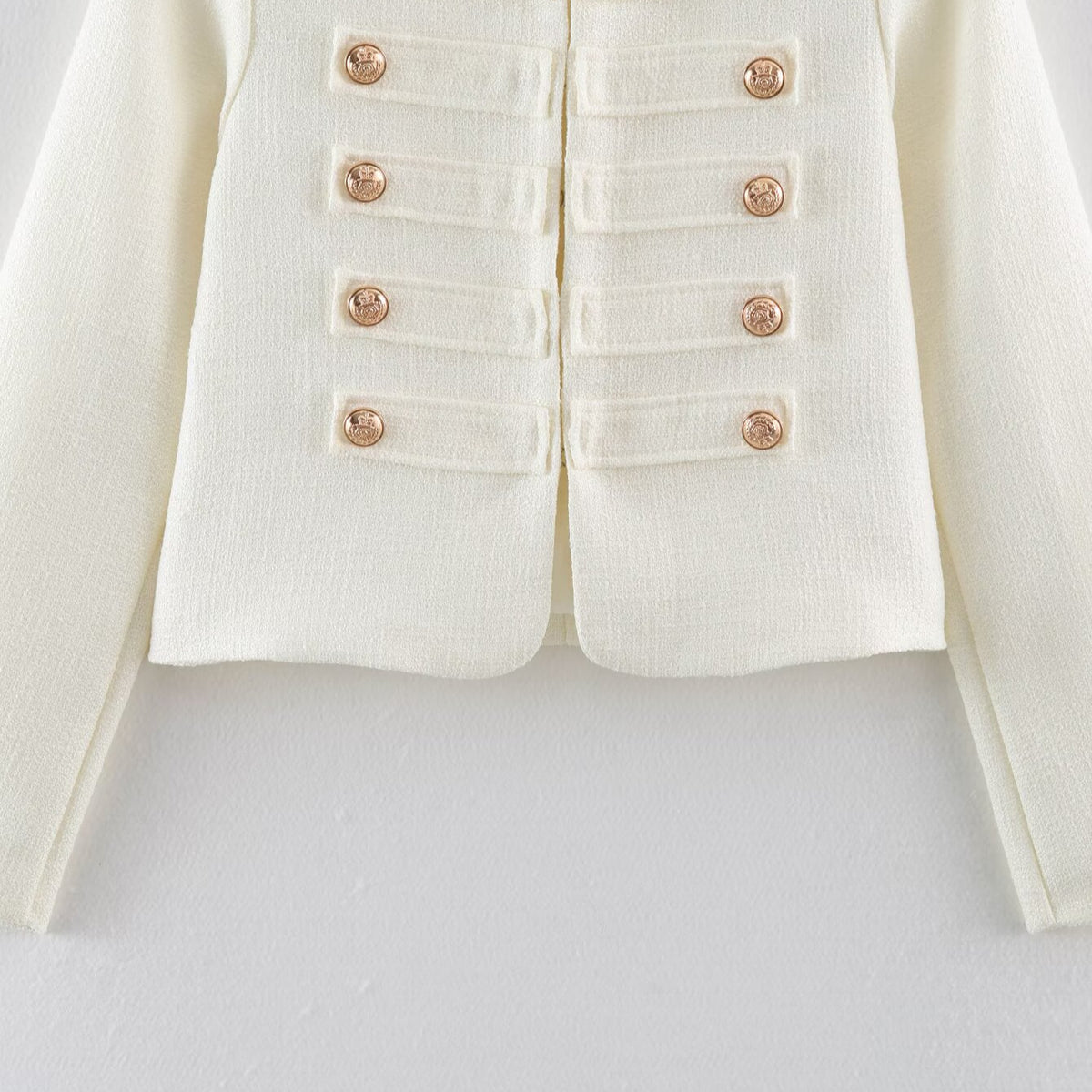 Women Short Boucle Jacket in Military Style with Decorative Stripes and Gold Buttons EVA-US