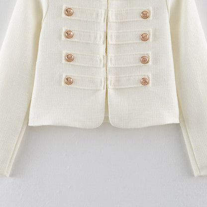 Women Short Boucle Jacket in Military Style with Decorative Stripes and Gold Buttons EVA-US