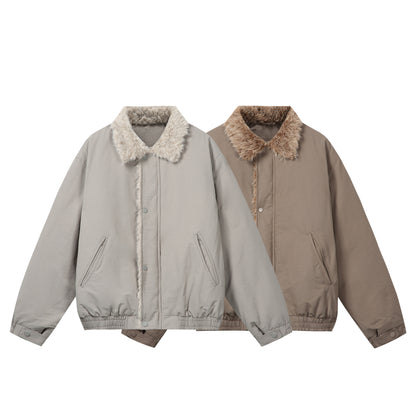 Women's Minimalist Thermo Blouson Jacket with Faux Fur Shawl Collar and Elastic Tunnel Drawstring Hem EVA-US