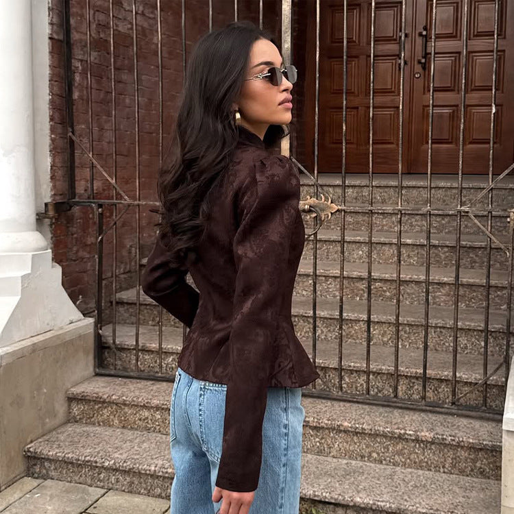 Women Tailored Jacquard Blazer with Stand Collar, Puff Sleeves and Peplum EVA-US