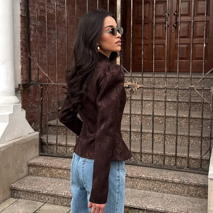 Women Tailored Jacquard Blazer with Stand Collar, Puff Sleeves and Peplum EVA-US