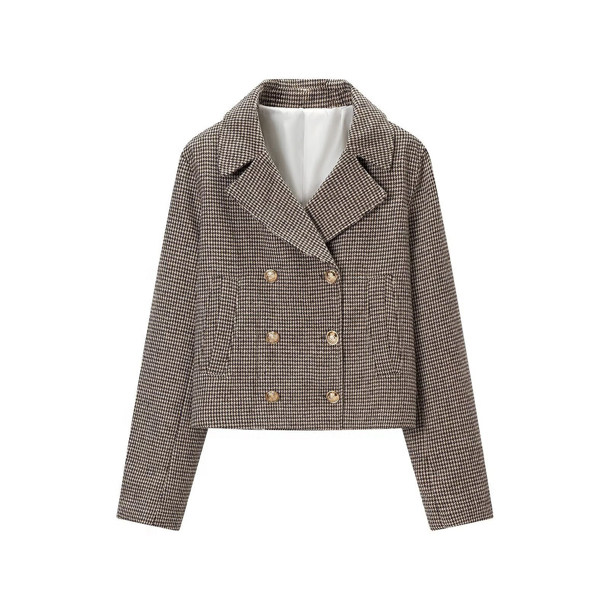 Women's Short-Cut Double-Breasted Houndstooth Blazer with Tailored Silhouette and Golden Decorative Buttons EVA-US