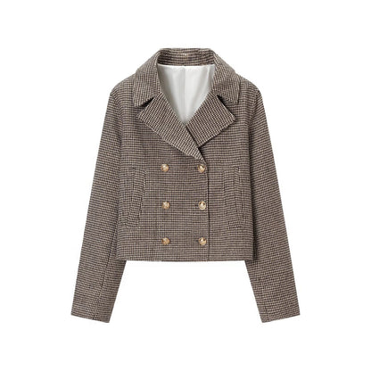 Women's Short-Cut Double-Breasted Houndstooth Blazer with Tailored Silhouette and Golden Decorative Buttons EVA-US