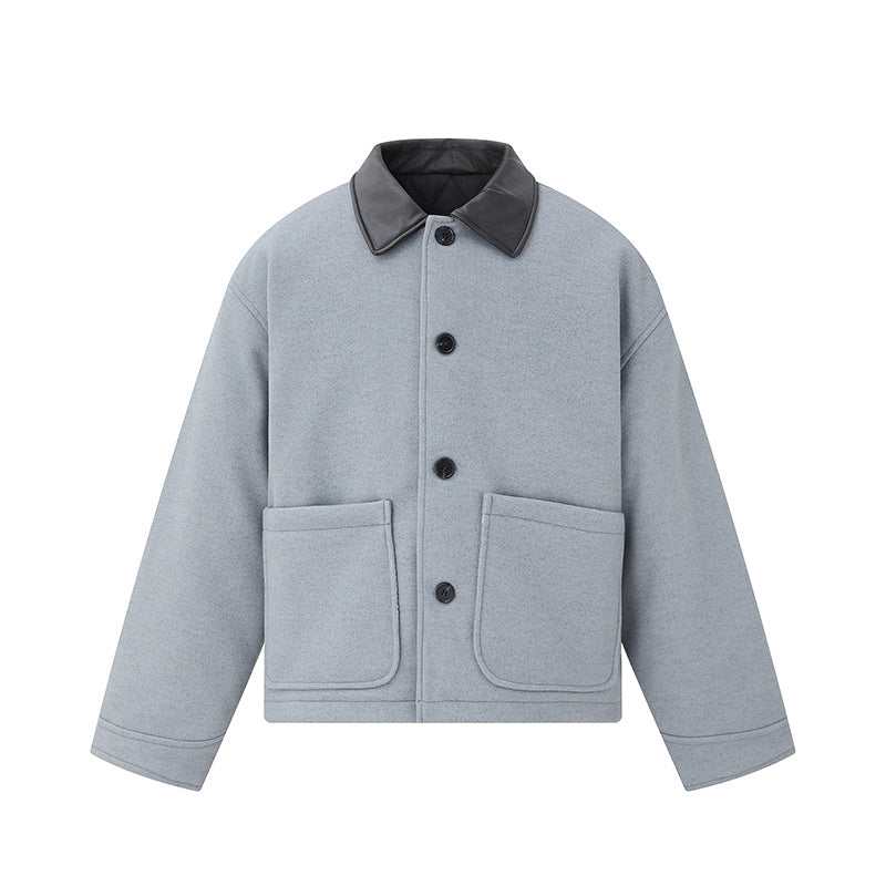 Unisex Short Blouson in minimalist Workwear look made of wool blend with leather look collar EVA-US