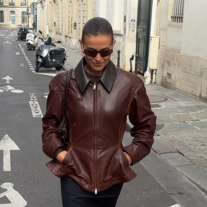 Women’s leather jacket with tailored peplum, zipper & large shirt collar EVA-US