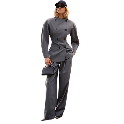 Women's Tailored Double-Breasted Blazer with Asymmetric Closure and Pleated Pants EVA-US