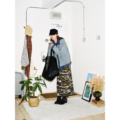 Unisex Oversize Jeans Jacket in Boxy Cut with Contrast Trim and Chest Flaps EVA-US