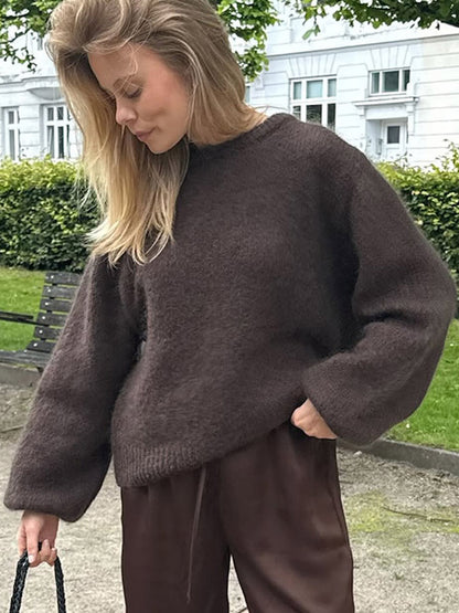 Women's Fluffy Round Neck Sweater with Balloon Sleeves and Boxy Silhouette EVA-US