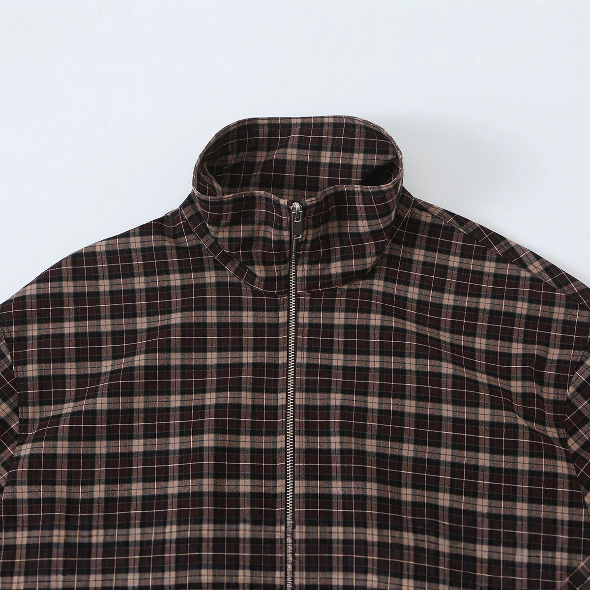 Women's Checkered Cropped Jacket with Stand-up Collar, Drawstring Hem and Pockets EVA-US