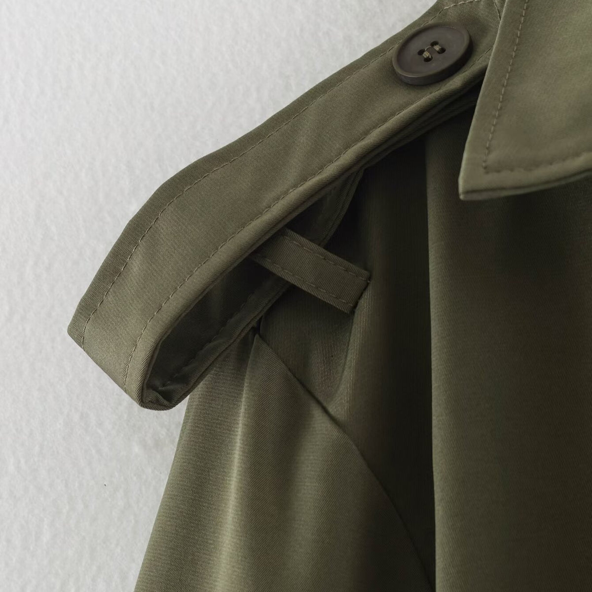 Women's Tailored Short Trench Coat with Tie Belt and Shoulder Patches EVA-US