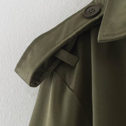 Women's Tailored Short Trench Coat with Tie Belt and Shoulder Patches EVA-US