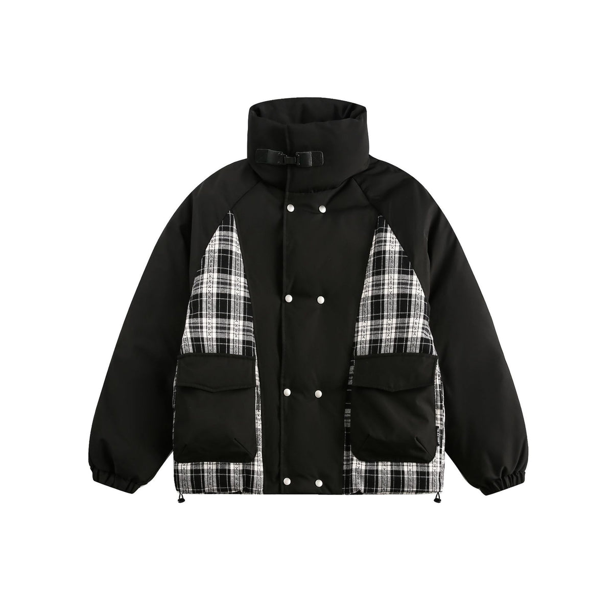 Unisex Oversize Stand Collar Puffer Jacket with Checked Insert Panel and Utility Pockets EVA-US