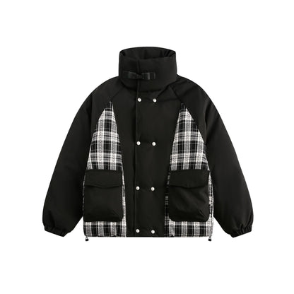 Unisex Oversize Stand Collar Puffer Jacket with Checked Insert Panel and Utility Pockets EVA-US