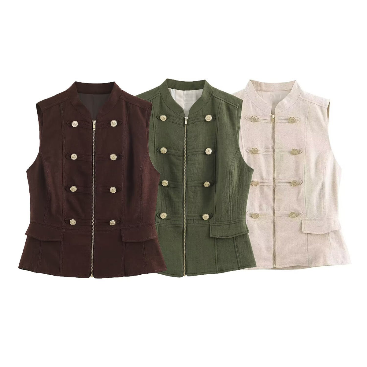 Women's Military-Inspired Tailored Vest with Stand-Up Collar and Decorative Button Placket EVA-US