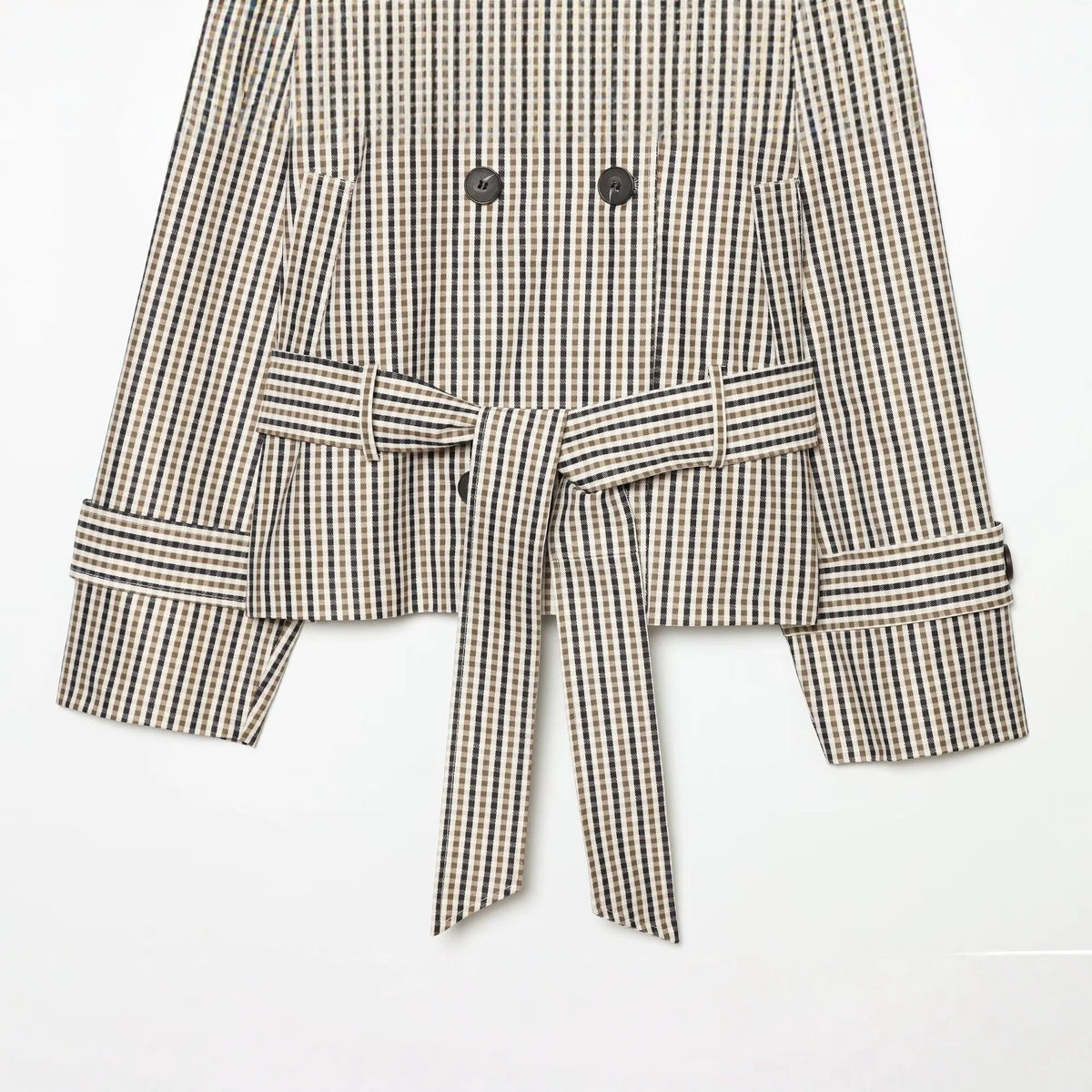 Women Short Tailored Double-Breasted Trench Coat with Check Pattern and Belt EVA-US
