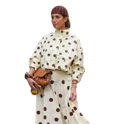 Women's Boxy Shirt Jacket with Stand Collar, Balloon Sleeves, and Large Polka Dot Print EVA-US
