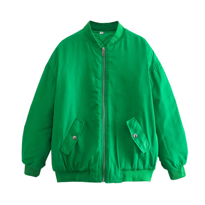 Women Boxy Bomber Jacket in Oversized Look with Zipper and Slanted Flap Pockets EVA-US