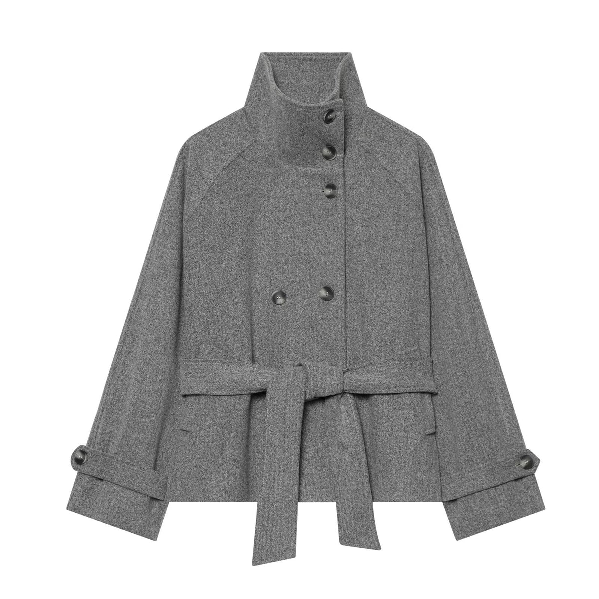 Women's cape transitional jacket in a short cut with a high collar, double button placket, and waist tie belt EVA-US