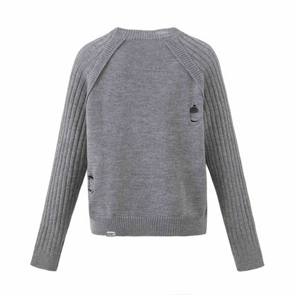 Women's Chunky Knit Distressed Raglan Sweater with Retro Graphic Print EVA-US