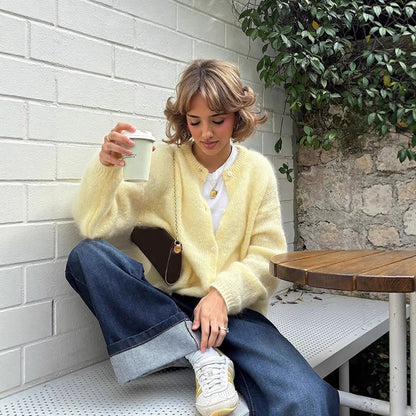 Women's Fluffy Short Jacket made of Mohair Mix with Round Neck and Boxy Silhouette EVA-US