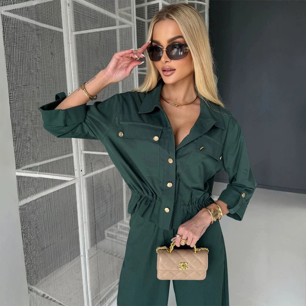 Women's Two-Piece Utility Shirt Jacket and High Waisted Pants Set with Drawstring and Gold Snap Buttons EVA-US