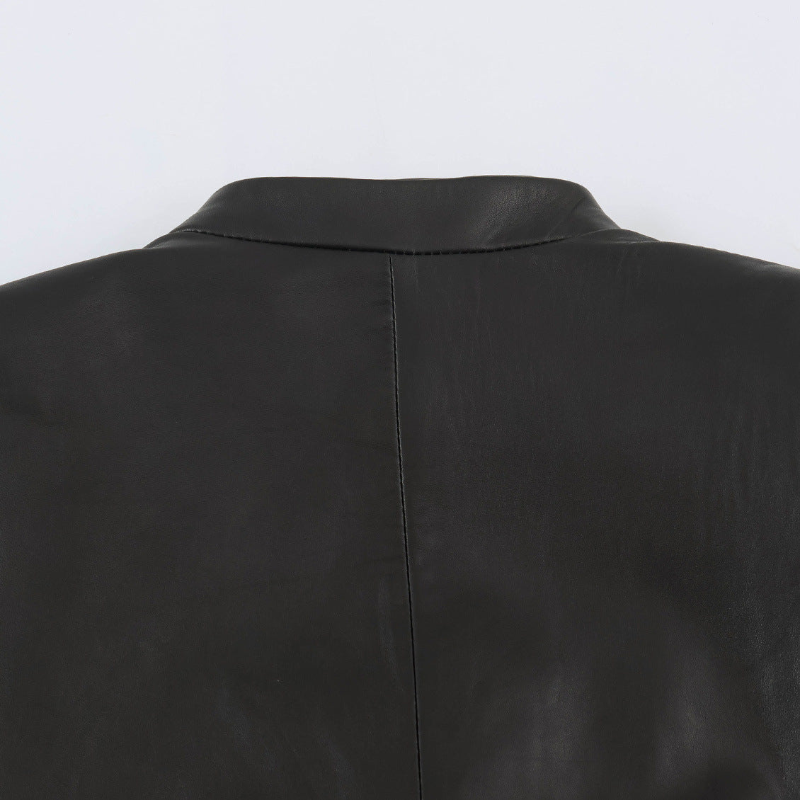Women tailored military-inspired leather jacket with stand-up collar, decorative strap and button placket EVA-US