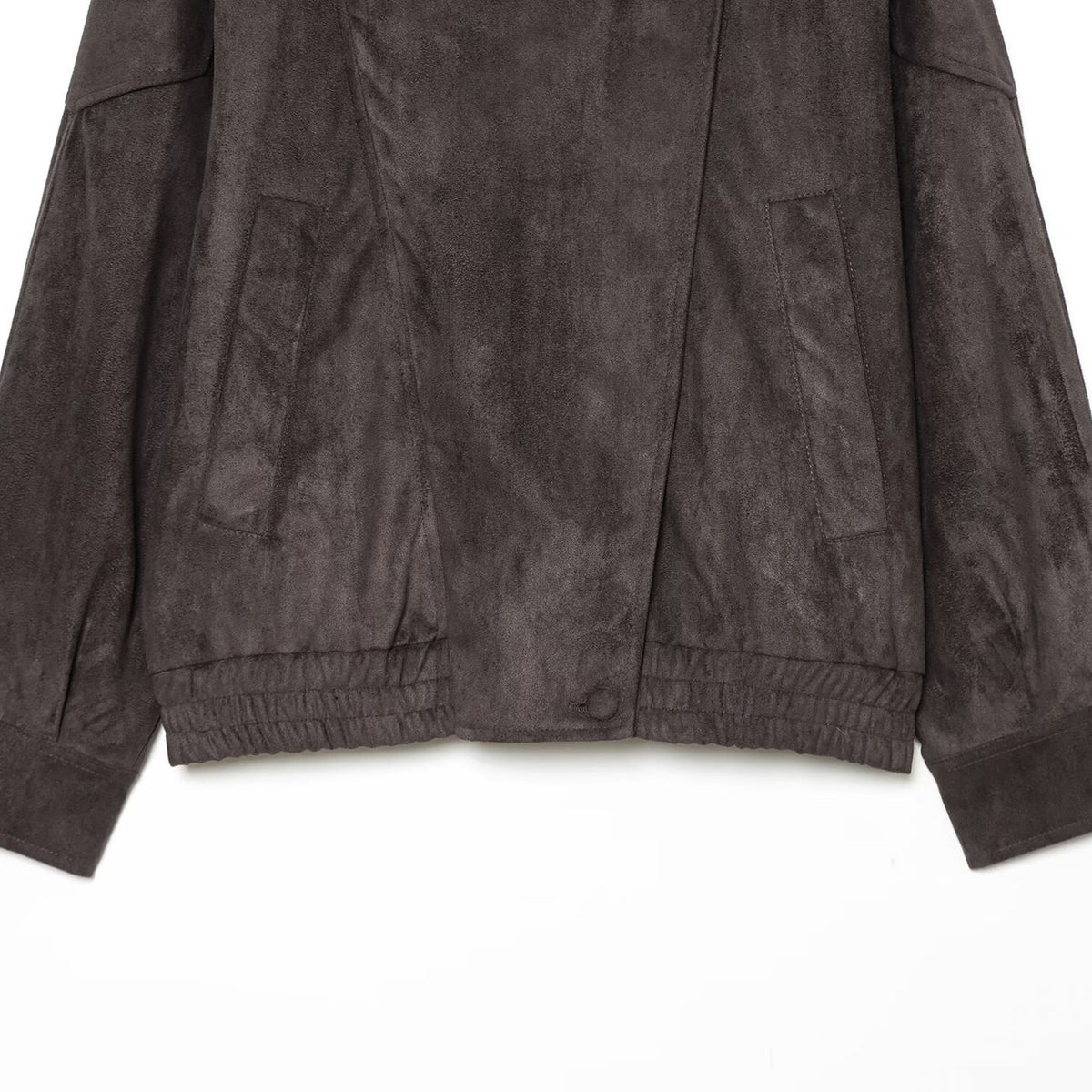 Women's Oversized Suede Look Bomber Jacket with High Stand-Up Collar, Shoulder Tabs, and Elastic Hem