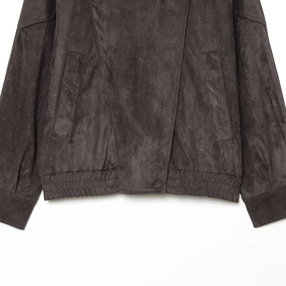 Women's Oversized Suede Look Bomber Jacket with High Stand-Up Collar, Shoulder Tabs, and Elastic Hem