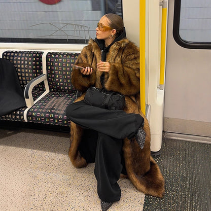 Women's Oversize Faux Fur Coat with Hood and Luxurious Fur Look EVA-US