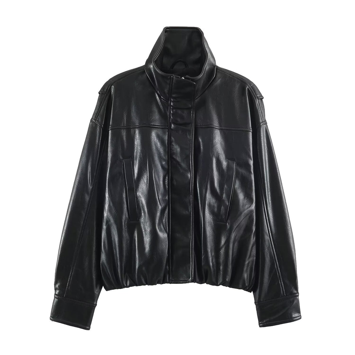 Women's Oversized Leather Look Blouson Jacket with Stand-up Collar and Elastic Hem EVA-US