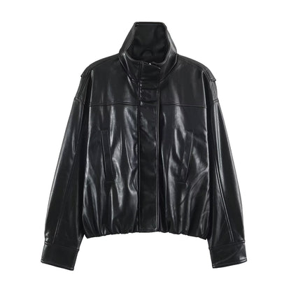 Women's Oversized Leather Look Blouson Jacket with Stand-up Collar and Elastic Hem EVA-US