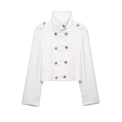 Ladies short jacket in nautical style with double-breasted decorative button placket and stand-up collar EVA-US