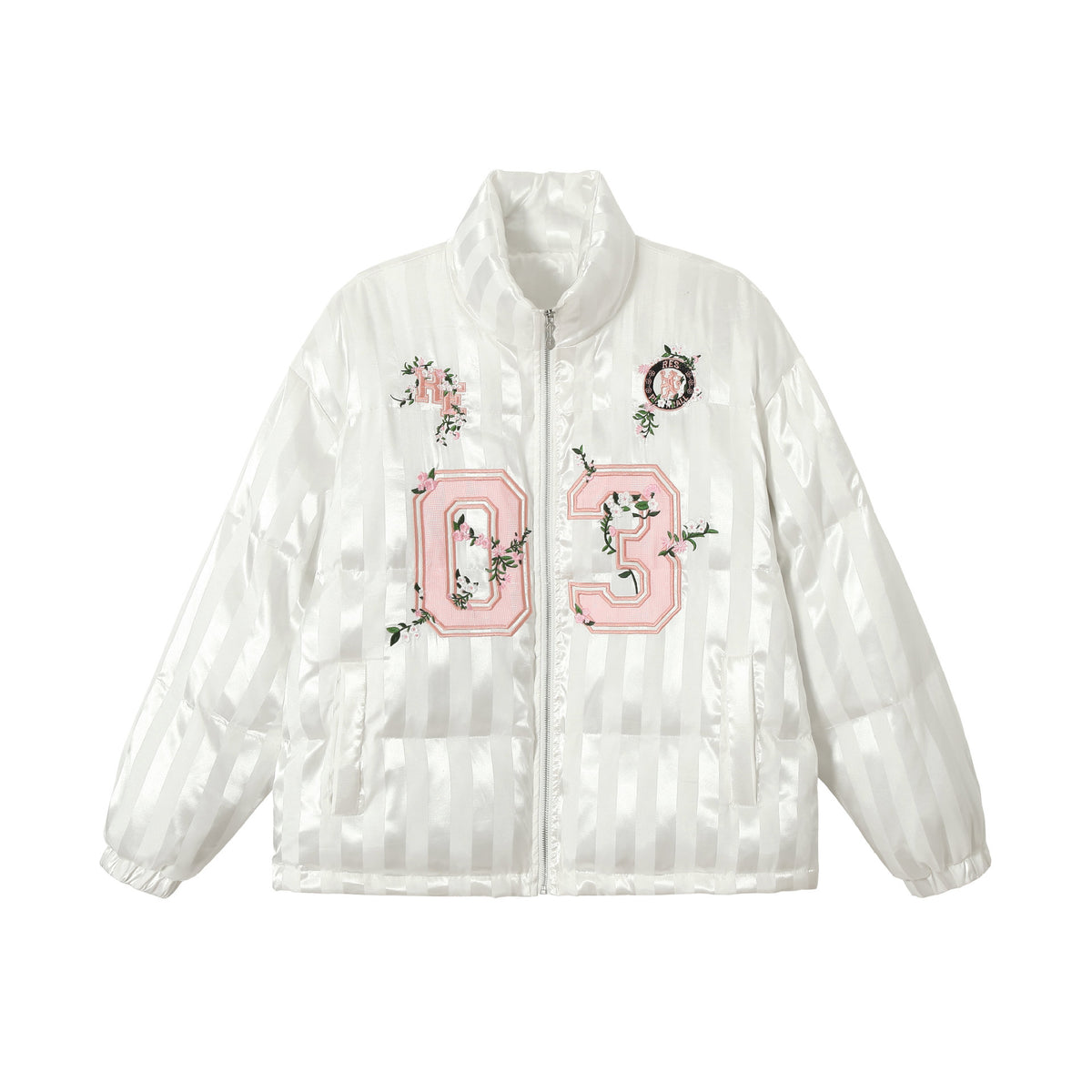 Women's Boxy Quilted Satin Puffer Jacket with Floral Embroidery Detail EVA-US