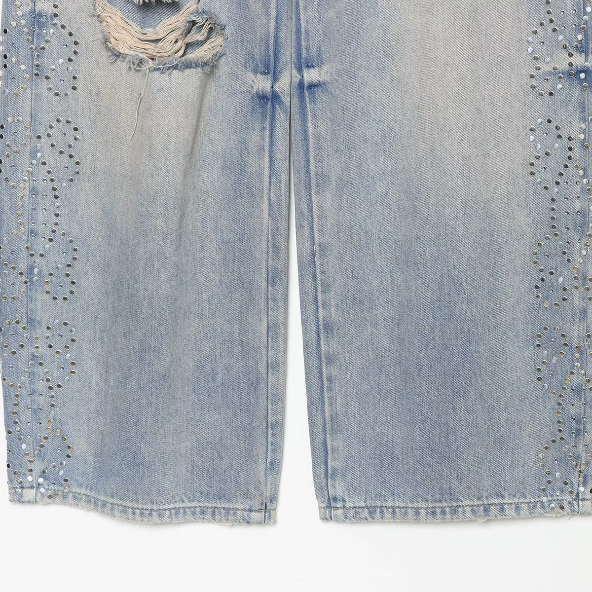 Women's jeans with a high waist, wide leg, rhinestone trim, and destroyed details EVA-US