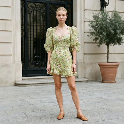 Women's Short Floral Mini Dress with Puff Sleeves, Heart Neckline and Waist Belt EVA-US