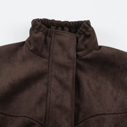 Women's Short Velvet-Look Jacket with Drawstring Waist, High Stand-Up Collar and Adjustable Cuffs EVA-US