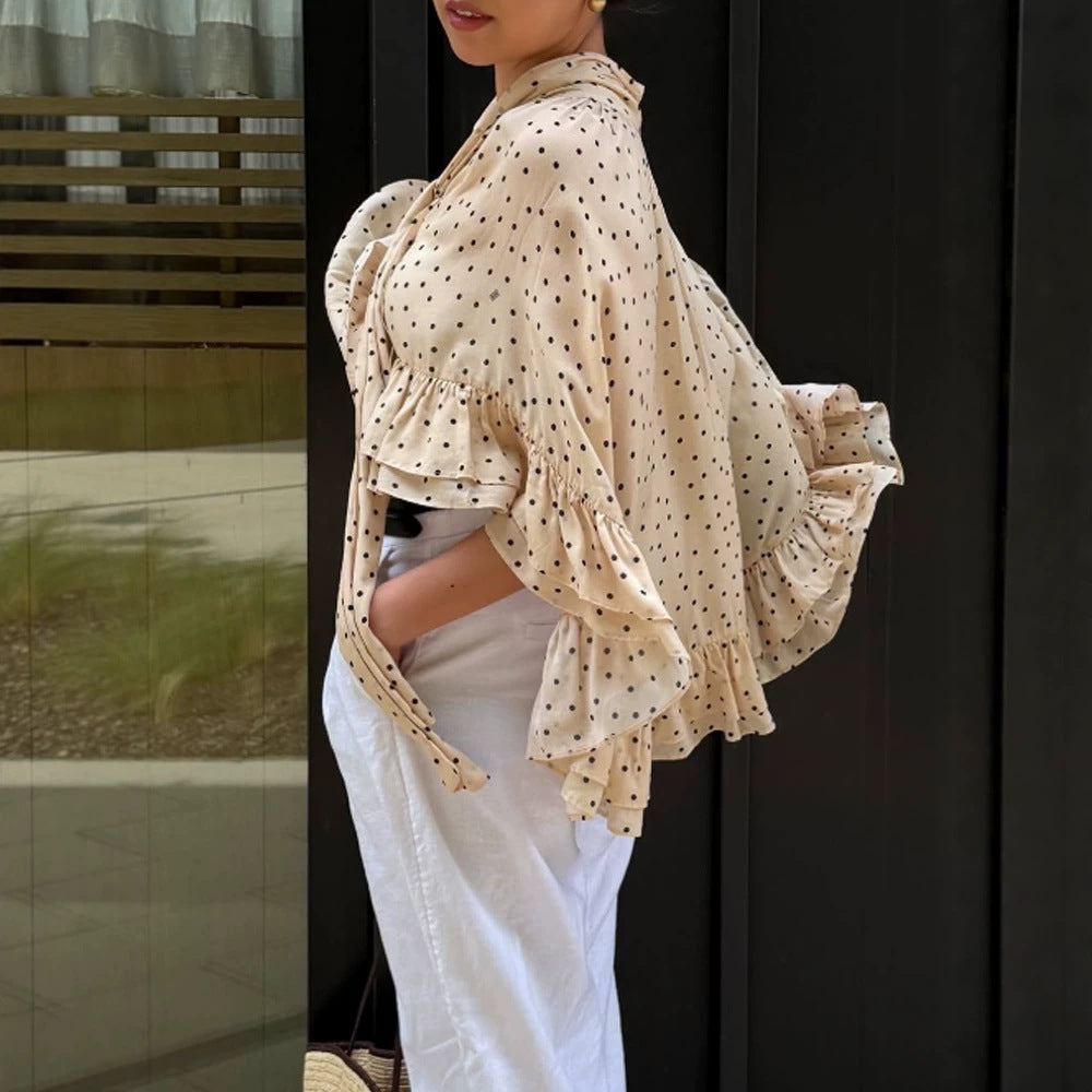 Women’s transparent polka dot chiffon cropped blouse with tie band, ruffles and cape cut EVA-US