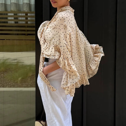 Women’s transparent polka dot chiffon cropped blouse with tie band, ruffles and cape cut EVA-US
