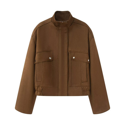 Women's Cropped Wool Blend Field Jacket with Stand Collar, Concealed Closure and Large Flap Pockets
