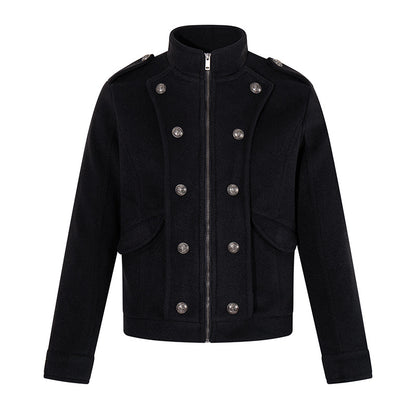 Men's short military-inspired wool jacket with stand-up collar & double-breasted decorative buttons EVA-US